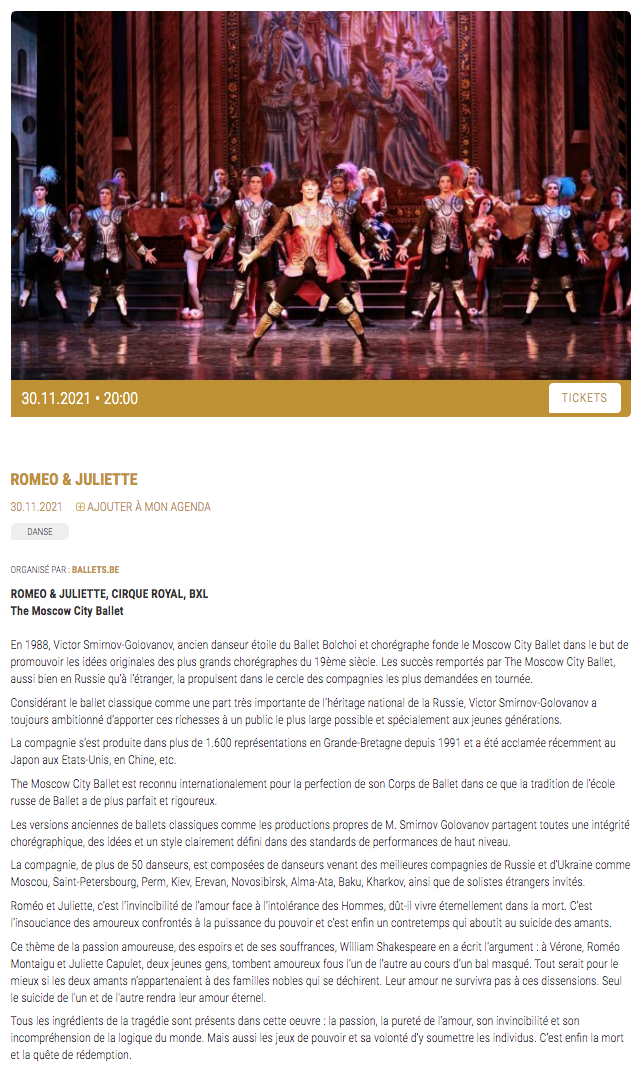 Page Internet. Cirque Royal. Romeo & Juliette. The Moscow City Ballet. Organisé par ballets.be. 2021-11-30